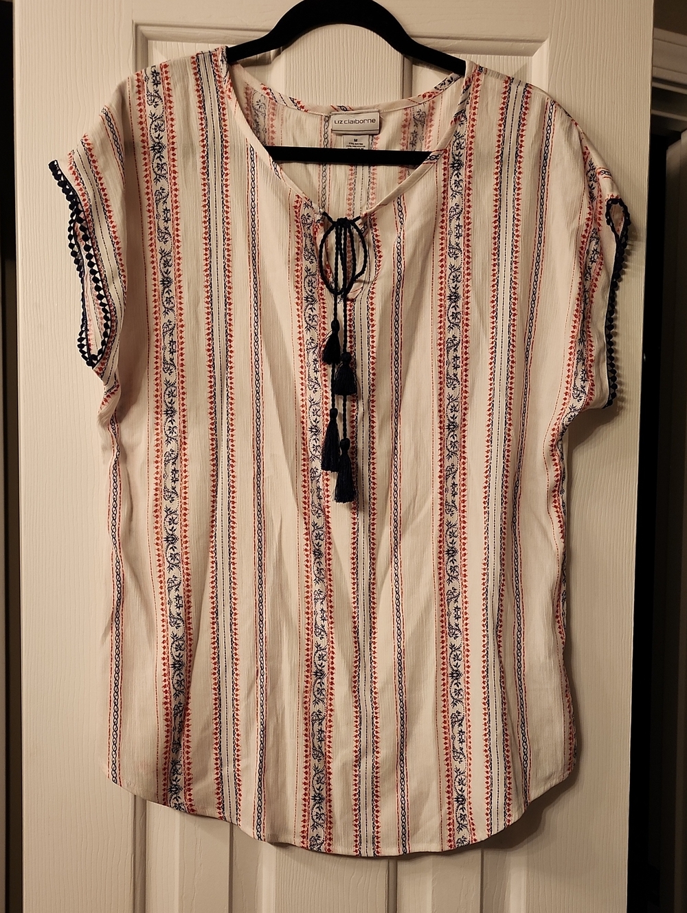 Liz Claiborne White Striped Tassel Peasant Blouse